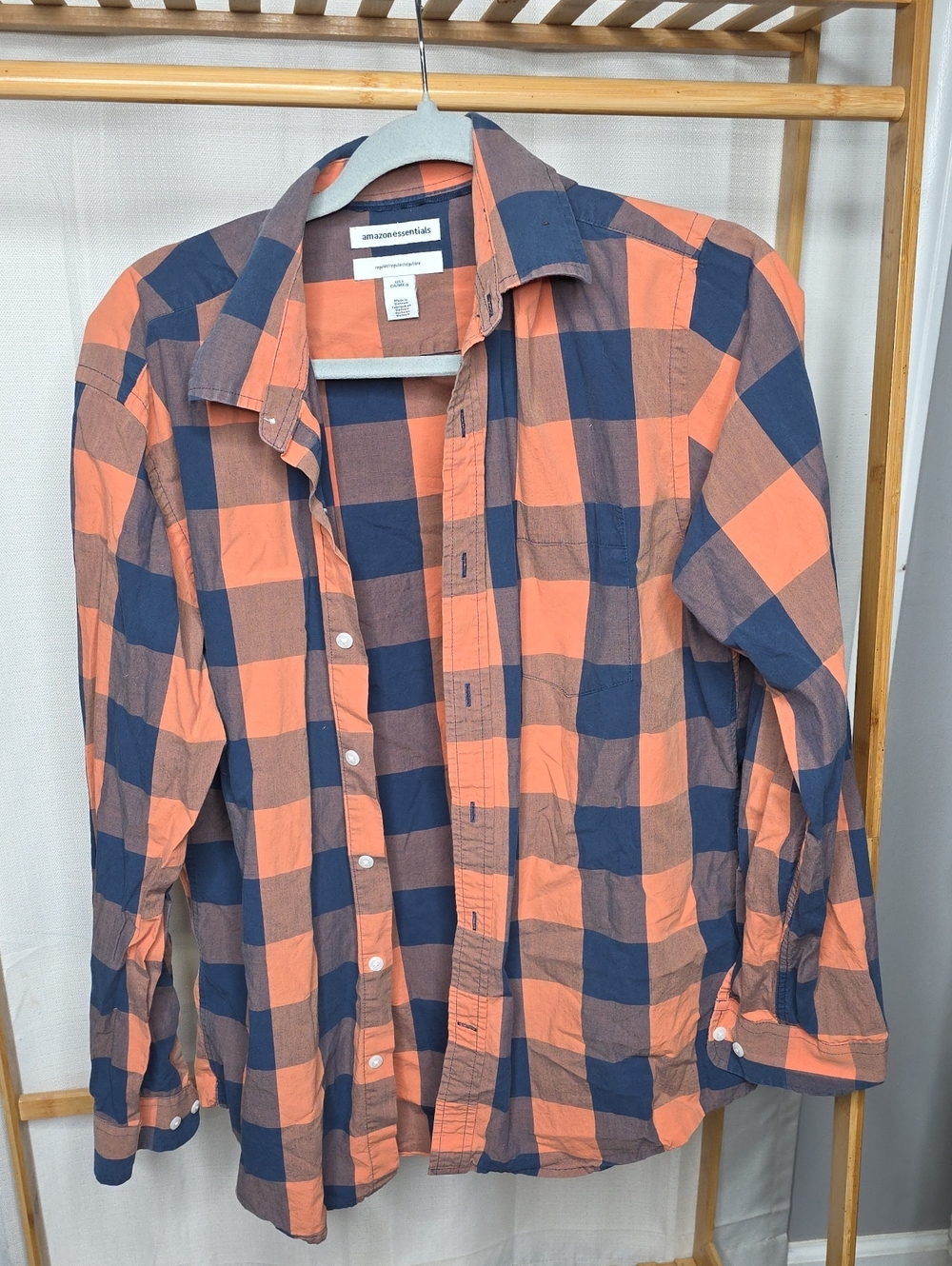 Amazon Essentials Men's Orange and Navy Plaid Button-Down Shirt